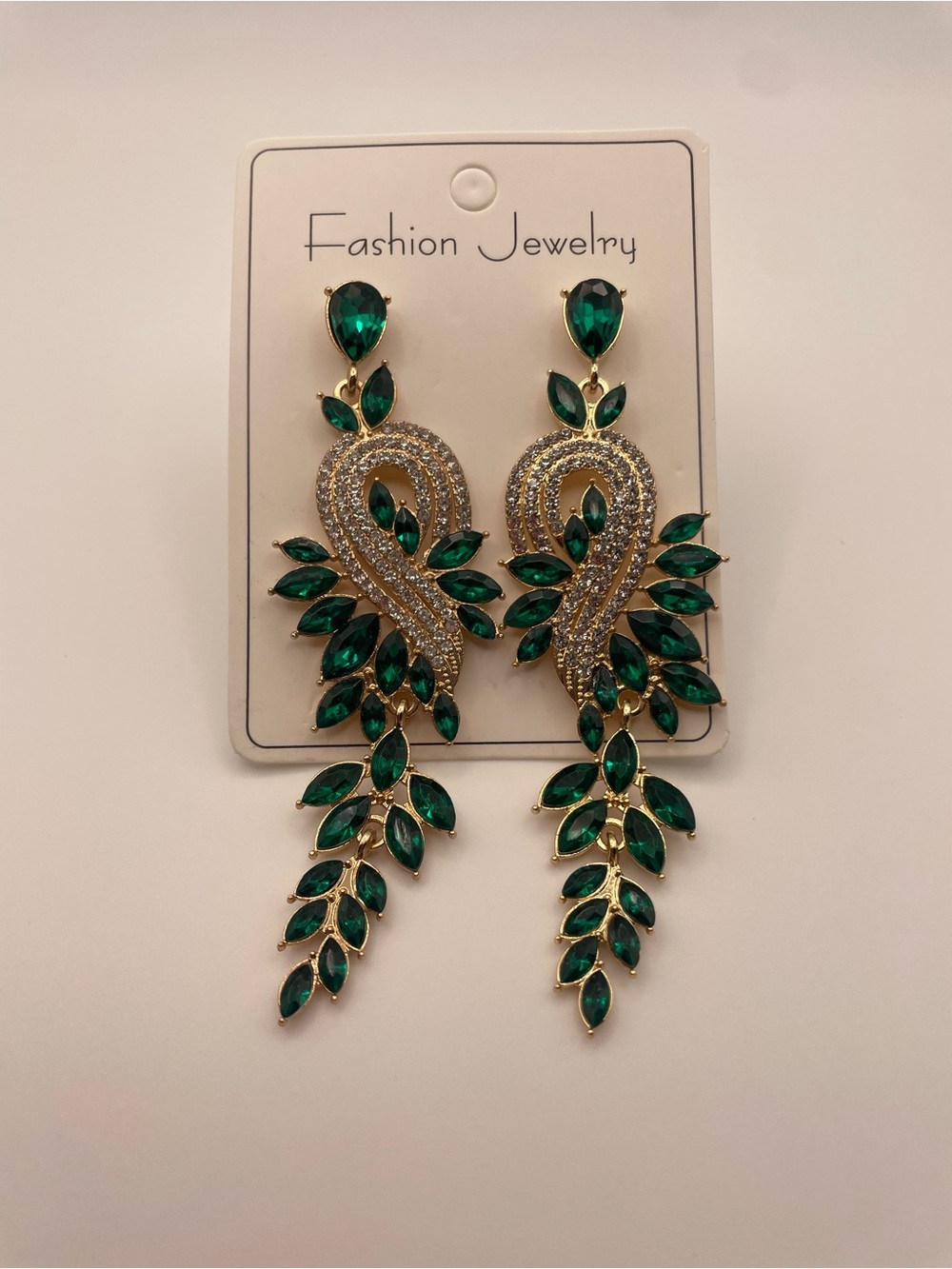 Fashion Jewelry Gold-Tone Emerald Green Drop Leaf Dangle Earrings